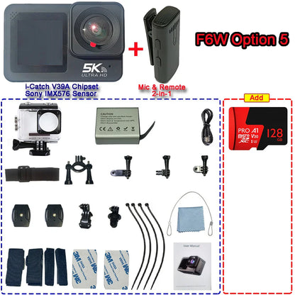 F6W Action Camera — 5K/4K60FPS, 48MP, 2.2" Touch LCD, EIS, Dual Screen, Wi-Fi, 170° Waterproof 30M, 8X Zoom Sports Camera with Wireless Mic