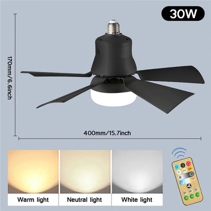 30W Ceiling Fan with LED Light – Dimmable Remote Control, E27 Base Smart Fan for Bedroom & Living Room