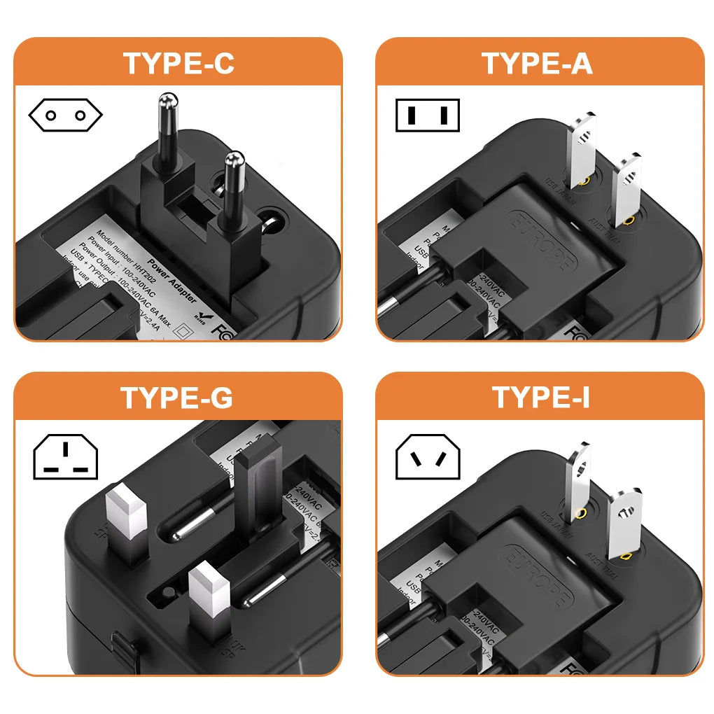 International Travel Adapter with USB-A QC18W & Type-C PD20W Fast Charger – Universal Wall Charger for UK, EU, AU, US Plugs