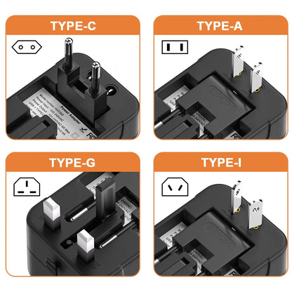 International Travel Adapter with USB-A QC18W & Type-C PD20W Fast Charger – Universal Wall Charger for UK, EU, AU, US Plugs