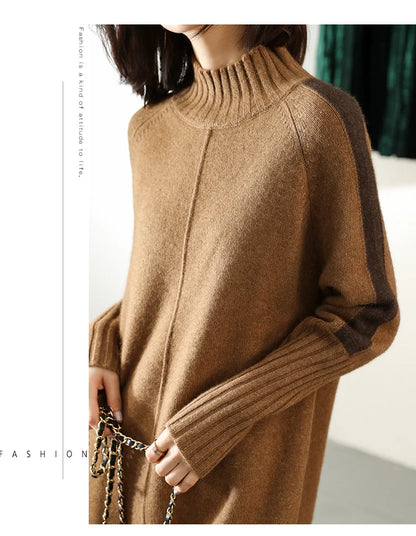Turtleneck Knitted Sweater for Women – Autumn/Winter Warm Thick Pullovers, Wool Knit Crochet Y2K Split Jumper Cardigan