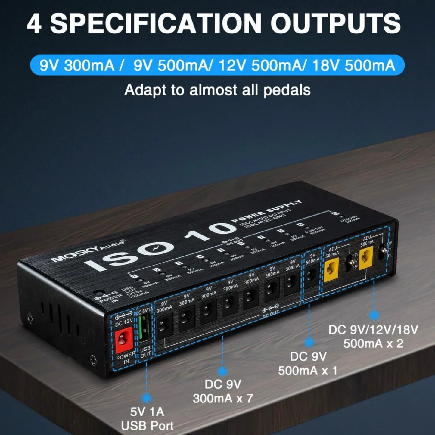 MOSKY ISO 10 Guitar Effect Pedal Power Supply – 10 Isolated DC Outputs, 5V USB Output, 9V 12V 18V Protection for Guitar Accessories