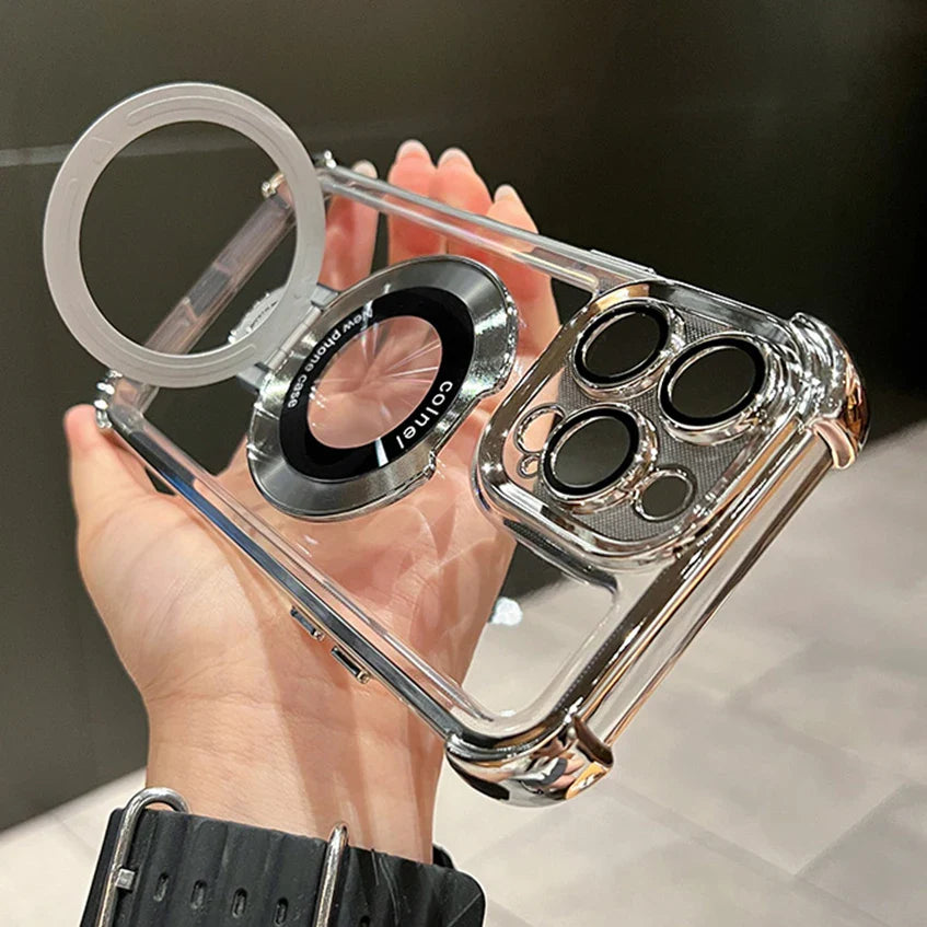 Luxury Plated Shockproof Magnetic Bracket for MagSafe – Clear Case with Stand Holder for iPhone 15, 16, 14, 13, 12, 11 Pro Max