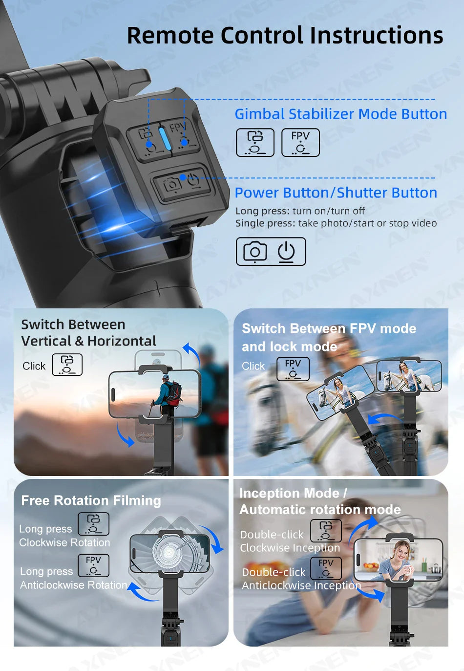 AXNEN HQ2 Series Handheld Mobile Phone Stabilizer – Smartphone Gimbal & GoPro Extension Rod Selfie Stick Tripod