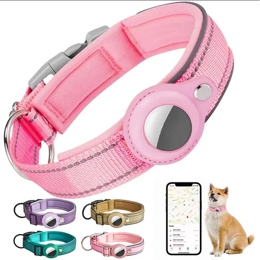 Reflective Heavy-Duty Dog Collar with Adjustable AirTag Holder — For Small, Medium & Large Dogs