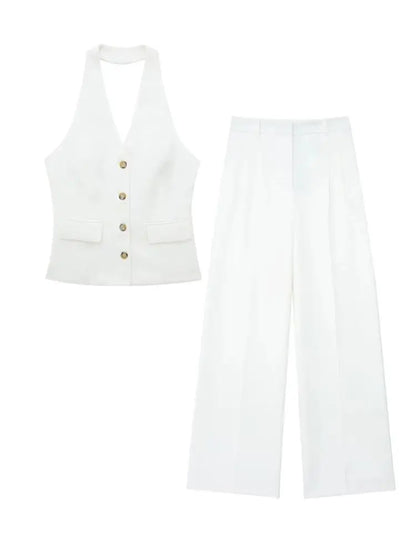 TRAFZA Women’s 2-Piece Set — Sleeveless Halter Vest Top with High-Waist Wide Leg Pants & Zipper Pockets