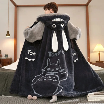 Gengar Pokemon Pajamas Set — Men’s Large Winter Coral Fleece Hooded Nightgown, Thick Warm Anime Home Suit