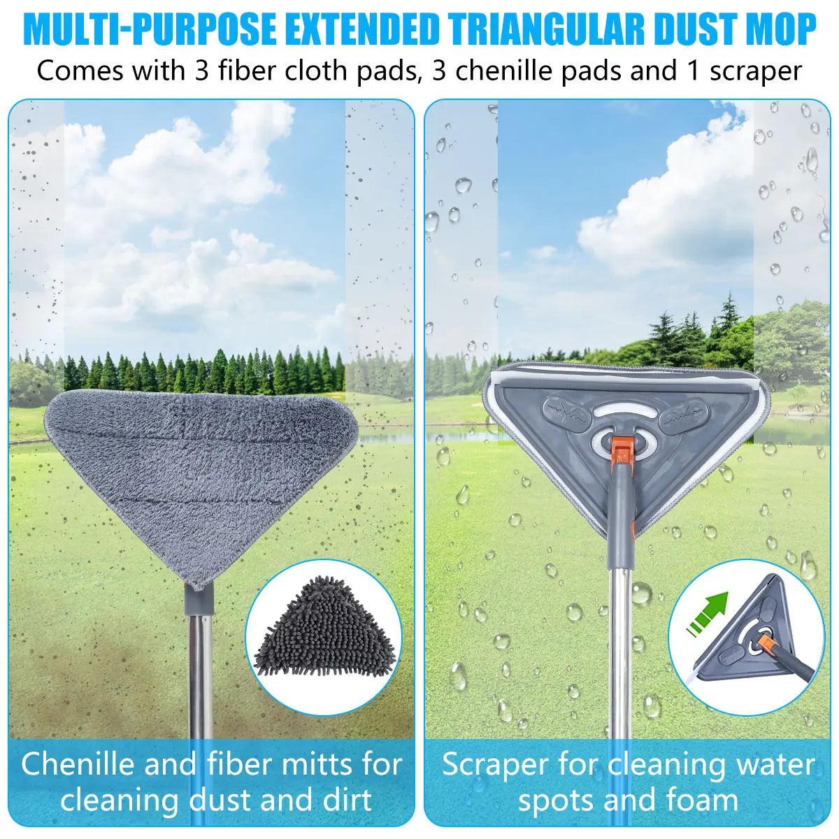 360° Rotating Triangle Wall Mop | Long Handle Adjustable Microfiber Mop for Dry & Wet Cleaning | Floor & Wall Dust Cleaner