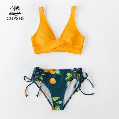 Yellow Lemon Print Mid-Waist Bikini Set - CUPSHE Women's Lace-Up Two-Piece Swimsuit, 2024 New Beach Bathing Suit