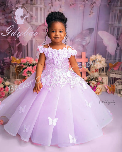 Flower Girl Wedding Dress - Pink Applique Butterfly & Pearl Party Gown