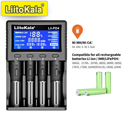 LiitoKala Lii-PD4/PD2 AC PD Charger – Fast Charging 4/2-Bay for 21700, 18650, AA & AAA Batteries with LCD & Multi-Protection