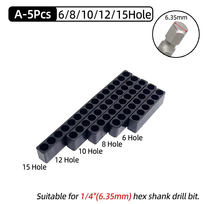 5-Piece Hex Shank Screwdriver Bit Holder Set - Plastic Storage Stand for 6/8/10/12/15 Hole Drill Bits