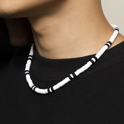 Bohemian White & Black Polymer Beads Necklace – Unisex Collar for Men and Women