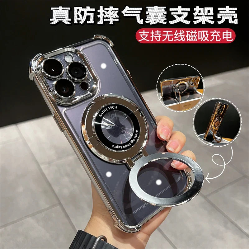 Luxury Wireless Charging MagSafe Ring Bracket Case - Transparent Magnetic Bumper Cover for iPhone 11, 12, 13, 14, 15 Pro Max Plus