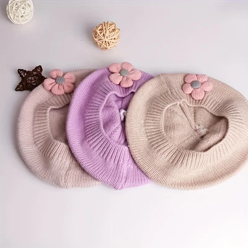 Flower Baby Beret Hat – Winter Warm Knitted Beanie for Infant & Toddler Girls, Korean Princess Artist Painter Cap Solid Color