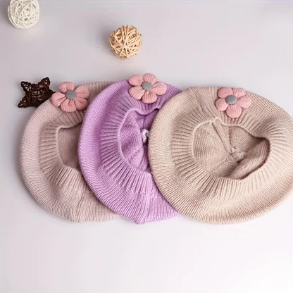 Flower Baby Beret Hat – Winter Warm Knitted Beanie for Infant & Toddler Girls, Korean Princess Artist Painter Cap Solid Color