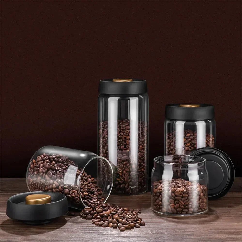 Vacuum Sealed Coffee Bean Storage Jar – Transparent Glass Airtight Container, Moisture-Proof Food Canister