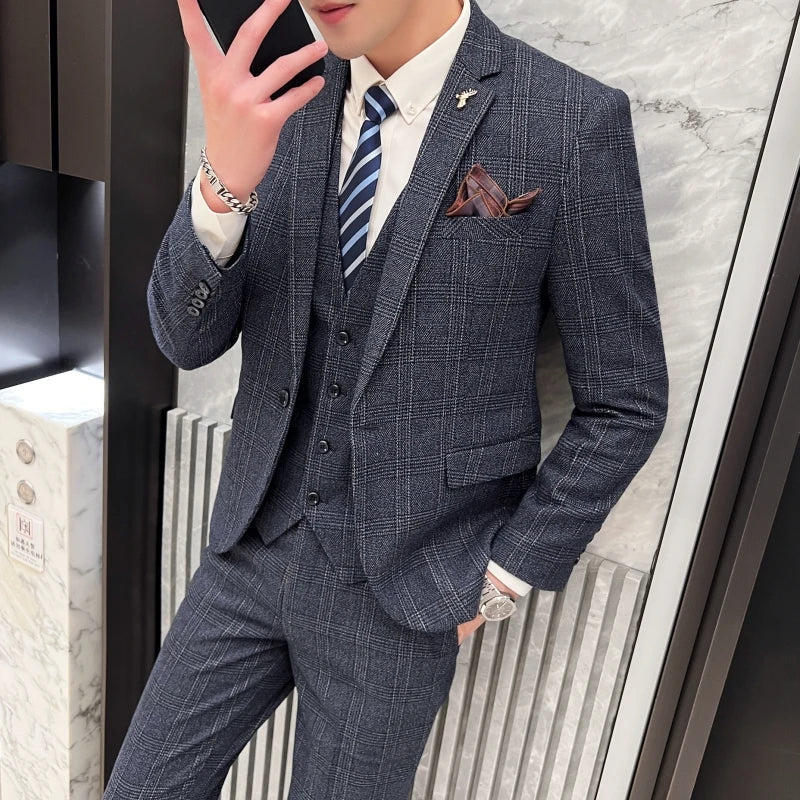 Men’s British Style 3-Piece Suit Set - Slim Fit Vest & Trousers Formal Banquet Fashion Ensemble