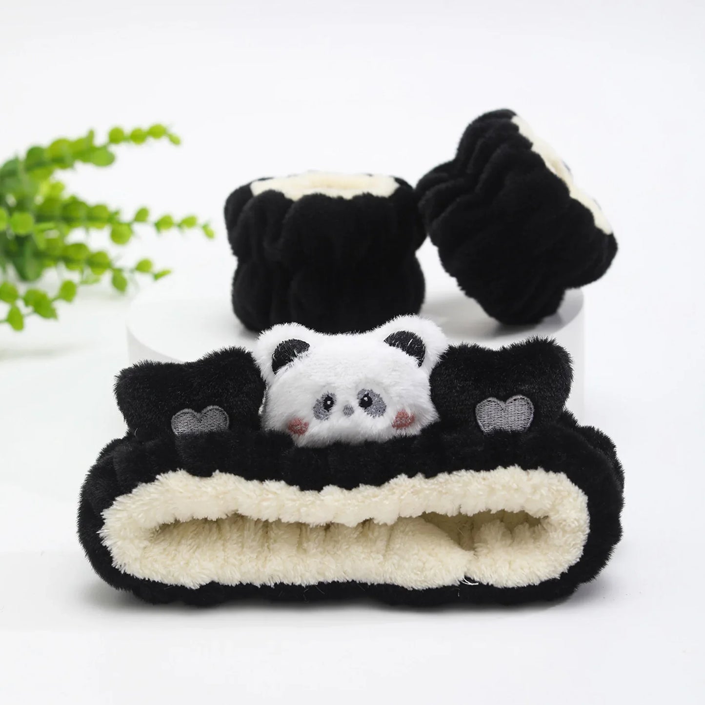 3PCS Cat Ear Plush Headband Set - Soft Face Washing Headband with Wrist Straps for Girls