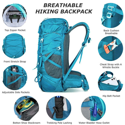 WESTTUNE 50L Hiking Backpack - Multifunctional Mountaineering Bag with Rain Cover for Travel, Trekking, and Camping