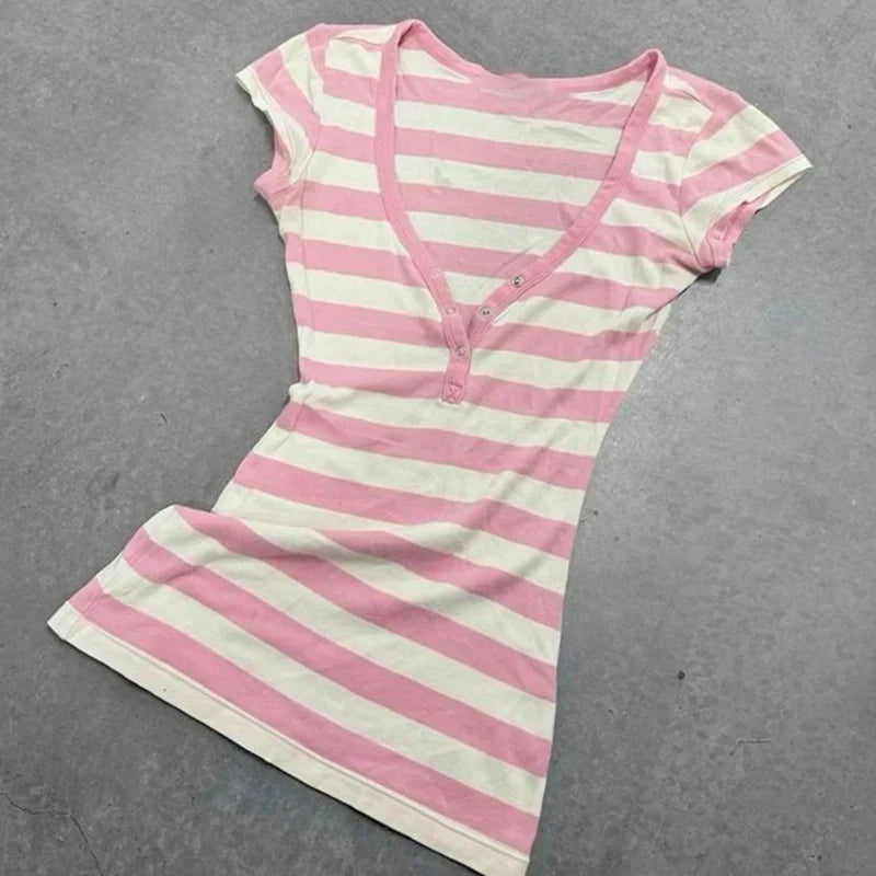 Y2K Stripe Pattern Cotton T-Shirt – Casual Chic Slim Fit Women’s Urban Streetwear Harajuku Emo Hip Hop Aesthetic Top