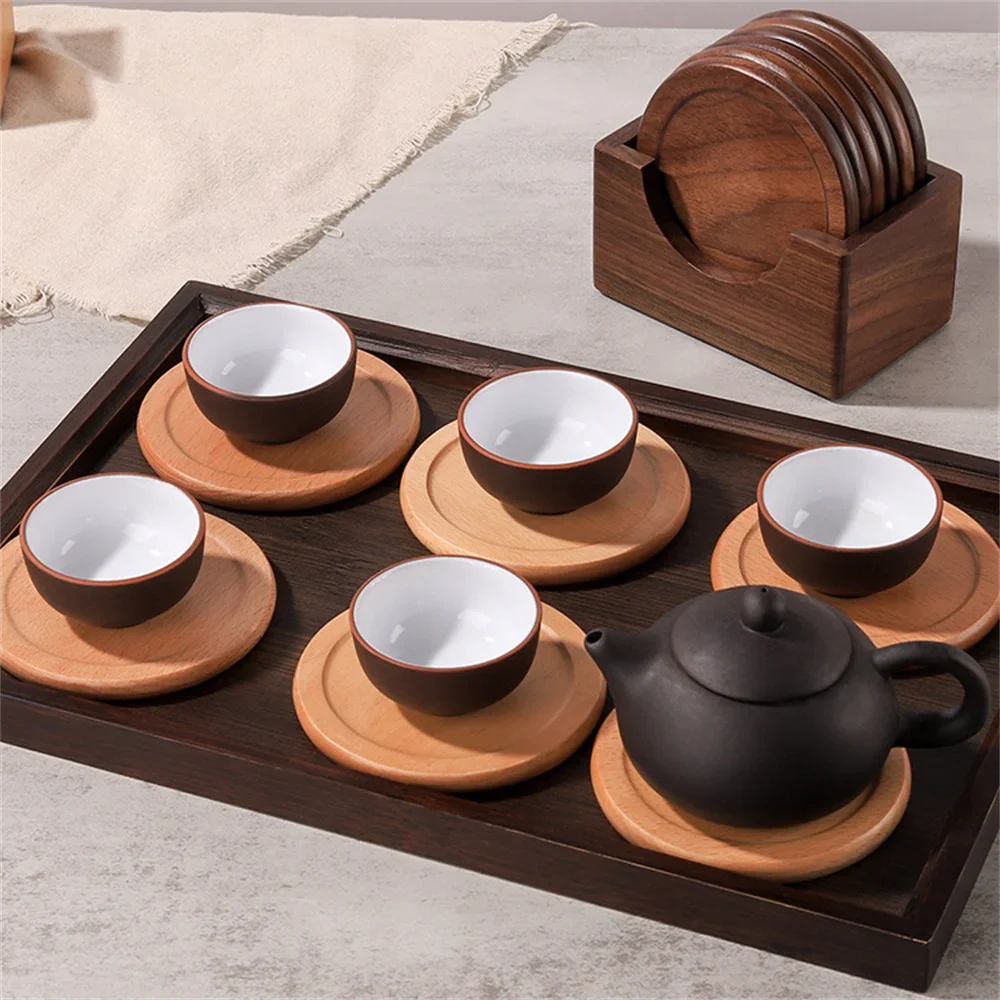 6PCS Walnut Wood Coasters Set — Round Insulated Japanese Beverage Placemats, Decorative Home Decor