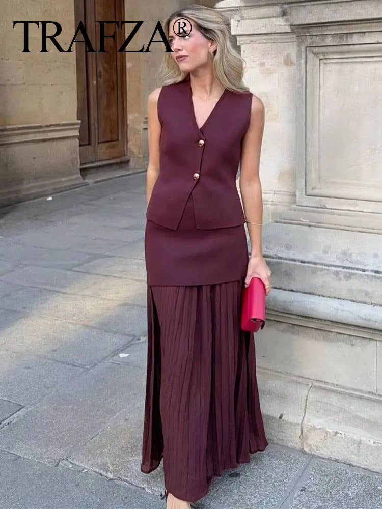 TRAFZA 2025 Women’s Wine Red Skirt Set – Knitted V-Neck Vest with High Waist Zipper Patchwork Long Skirt