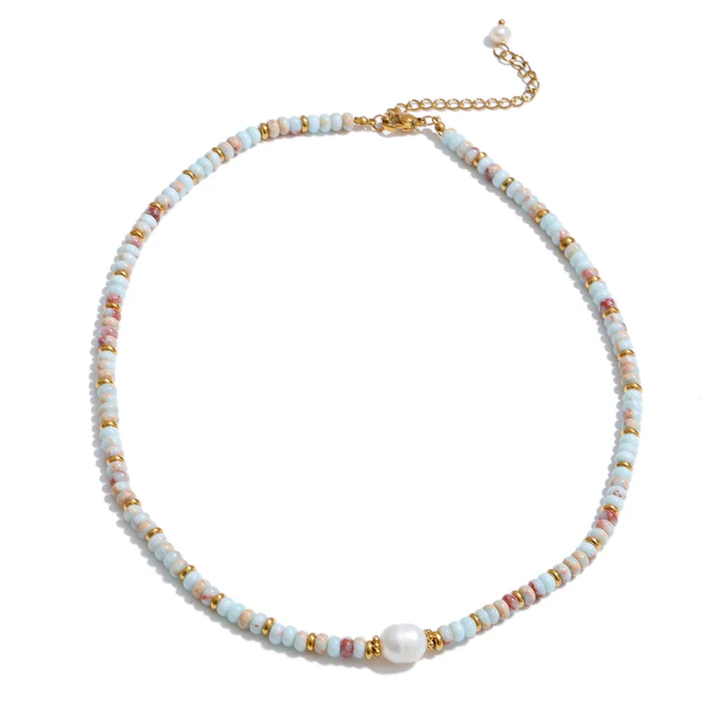 Yhpup Colorful Natural Stone Bead Necklace – Handmade Y2K Stainless Steel Waterproof Chain Jewelry for Women