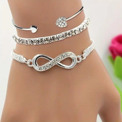 3PCS Vintage Crystal Rhinestone Heart Bracelet Set – Adjustable Infinity Cuff Bangles for Women Fashion Jewelry Gift