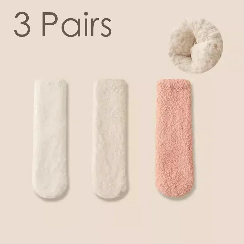 3 Pairs Unisex Plush Slipper Socks — Thick Winter Coral Fleece Cozy Mid-Calf Socks for Couples