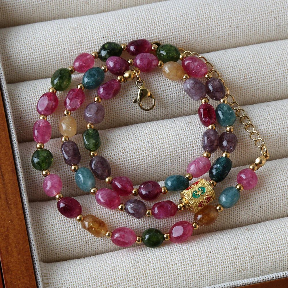 Bohemian Natural Tourmaline Beaded Necklace – Handmade with Stainless Steel Tibetan Pendant, Party Jewelry Gift