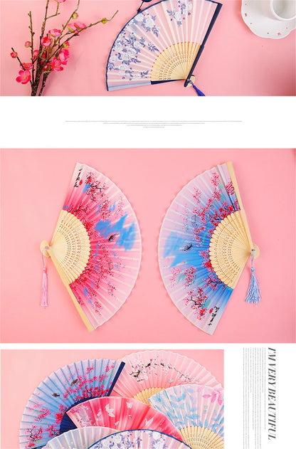 Bamboo Folding Fan with Silk — Chinese & Japanese Style Handheld Fan, Antique Art Craft for Summer Dance, Home Decor & Party