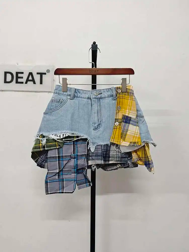 DEAT Women’s Denim Mini Skirt — Colored Plaid Patchwork Irregular A-Line, High Waist Summer 2025 Fashion Skirt