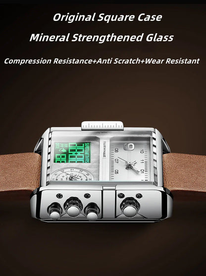 Mark Fairwhale Men’s Luxury Square Quartz Watch — Fashion Waterproof Military Leather Strap Wristwatch