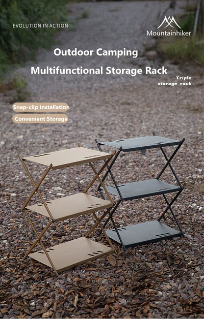 MOUNTAINHIKER Three-Tier Folding Rack – Portable Outdoor Storage Shelf for Camping, Picnic, BBQ & Garden Use