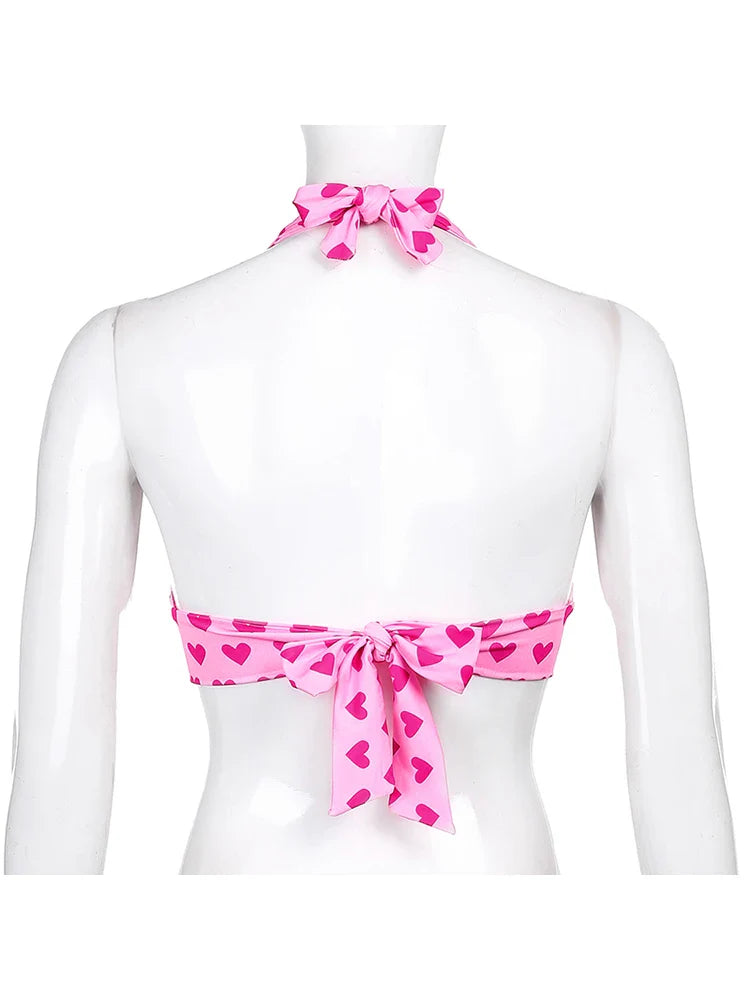 Pink Heart Print Bustier Crop Top for Women – Kawaii Aesthetic Lace-Up Backless Bralette Camisole Sleeveless Fashion Top