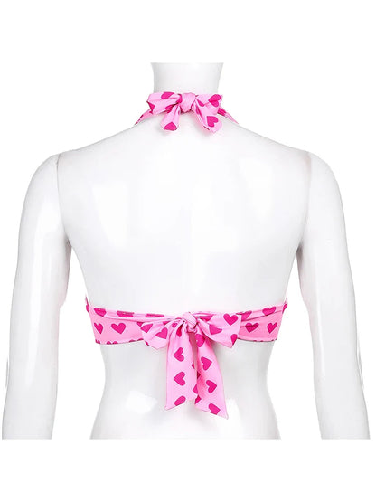 Pink Heart Print Bustier Crop Top for Women – Kawaii Aesthetic Lace-Up Backless Bralette Camisole Sleeveless Fashion Top