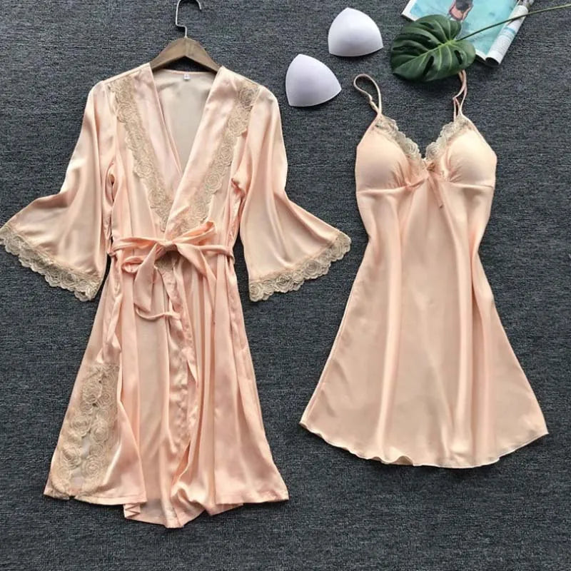 2PCS Satin Lace Pajamas Set - Elegant Female Sleepwear with V-Neck Lace Robe for Wedding Nightwear