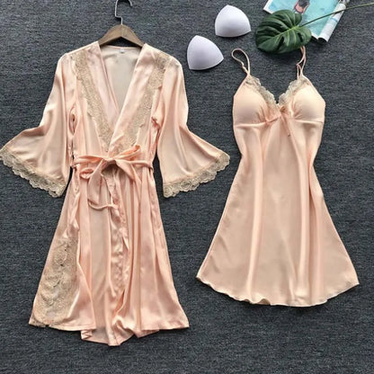 2PCS Satin Lace Pajamas Set - Elegant Female Sleepwear with V-Neck Lace Robe for Wedding Nightwear