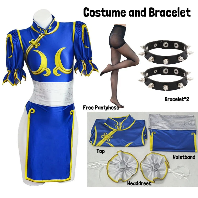 Chun-Li Cosplay Costume - Women’s Blue Cheongsam Dress with Headdress & Waistband for Halloween
