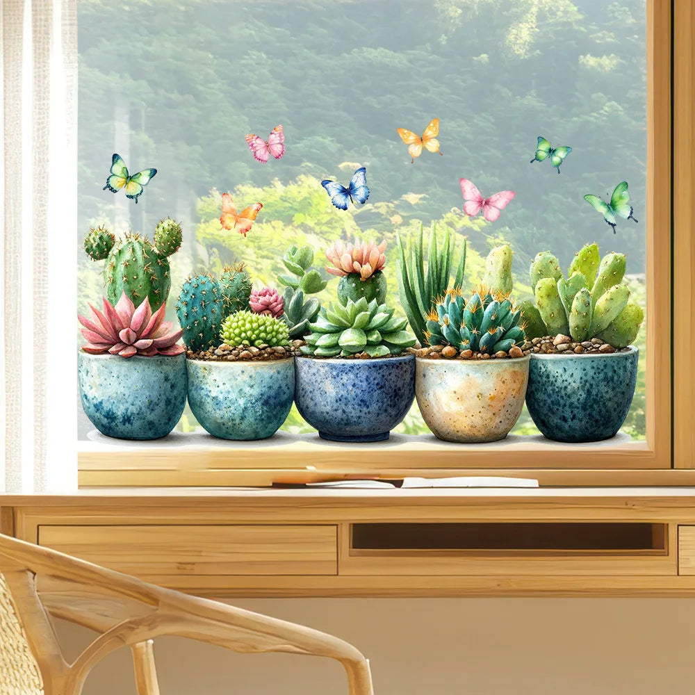 Succulent & Cactus Window Clings - Removable Potted Plant and Butterfly Wall Stickers