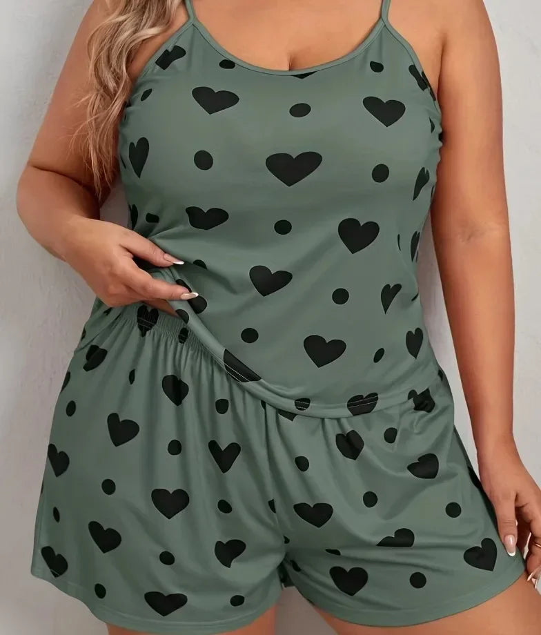 Plus Size Heart Print Pajama Set – Women’s Sleeveless Crop Top & Elastic Waist Shorts Nightwear