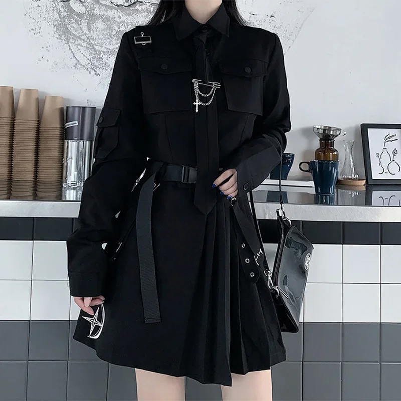 Spring Harajuku Streetwear Two-Piece Skirt Set - Oversize Punk Chain Ribbon Skirts for Women, 2-Piece Suit for Female