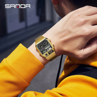 SANDA 3192 LED Electronic Men's Watch – Square Casual Multi-Function Thermometer Stopwatch Chronograph