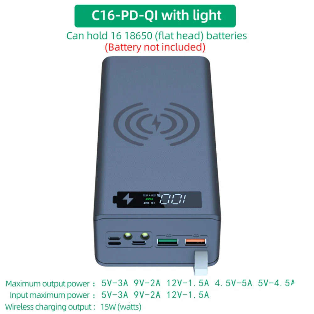 C16 18650 Battery Case | USB Welding-Free Power Bank DIY Shell | Detachable Portable QC 3.0 PD Housing