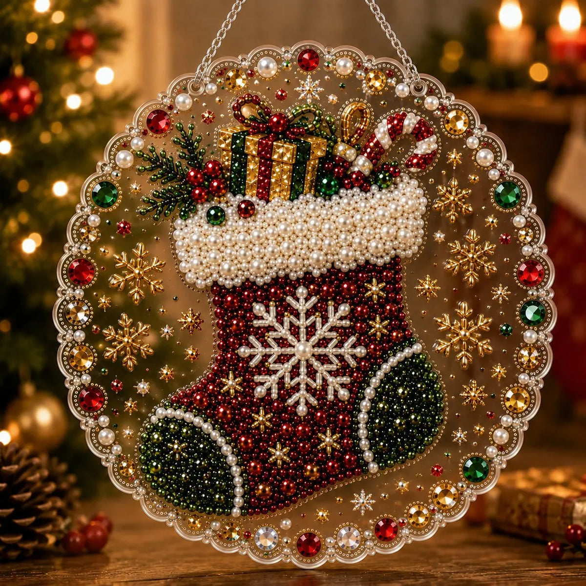 DIY Christmas Pearl Diamond Painting Pendant - Acrylic 2D Bead Craft for Holiday Window & Wall Decor