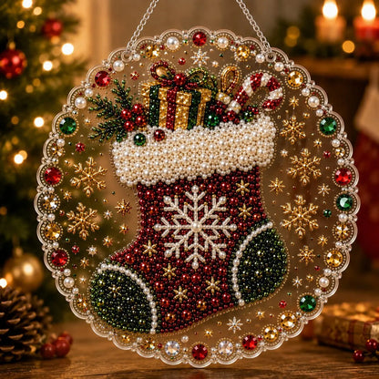 DIY Christmas Pearl Diamond Painting Pendant - Acrylic 2D Bead Craft for Holiday Window & Wall Decor