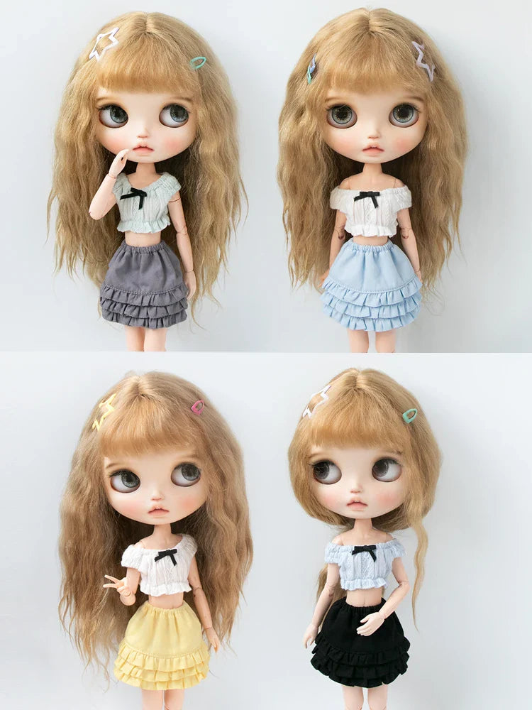 Blythe Doll Clothes Plaid Pleated Skirt & Off-Shoulder Top Tulle Dress Set — Ruffle Skirt for Licca, Azone, OB22, YMY Doll Accessories