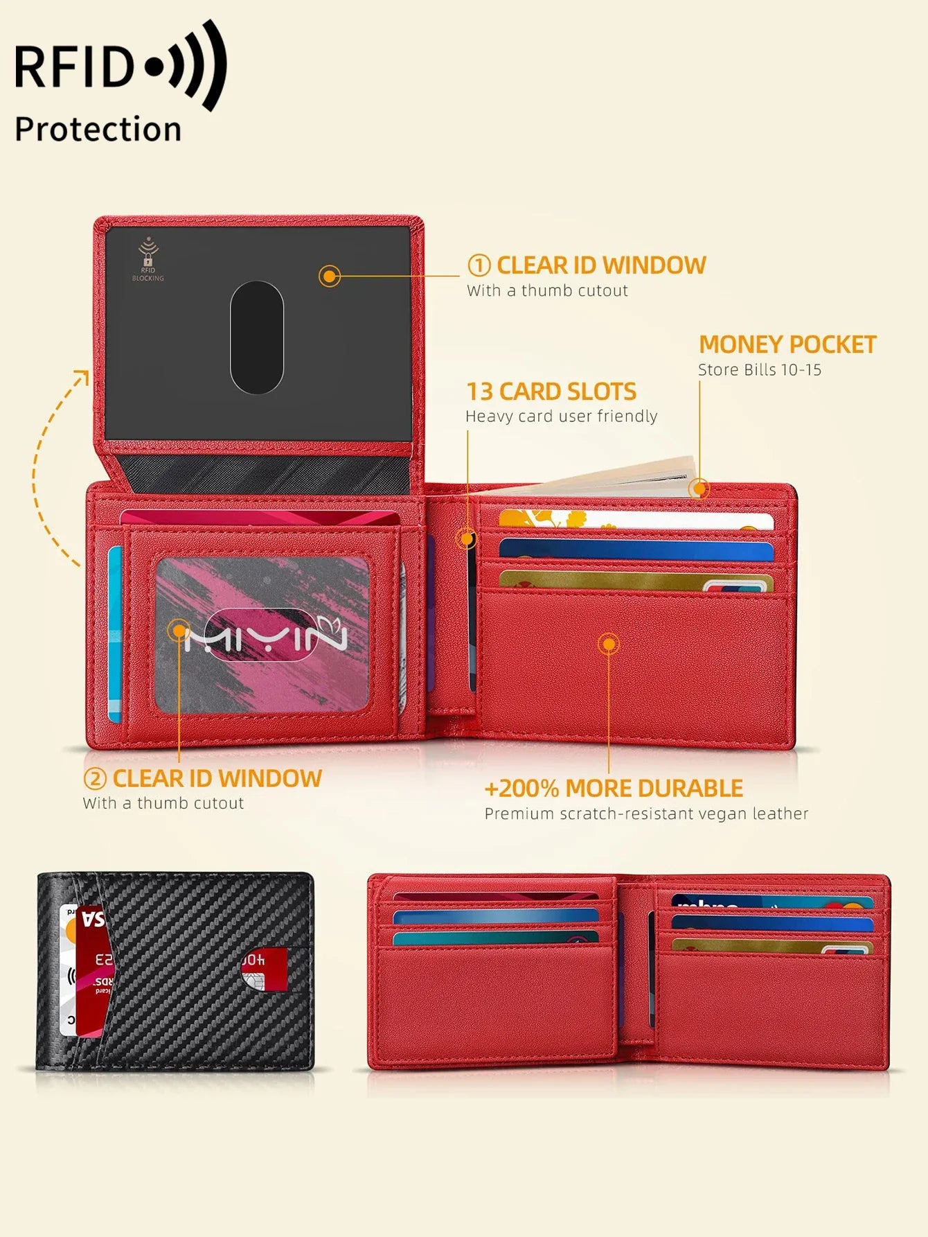 Carbon Fiber Minimalist Trifold Wallet for Men — Ultra-Thin RFID Wallet with ID Window, 13 Card Slots & Coin Holder