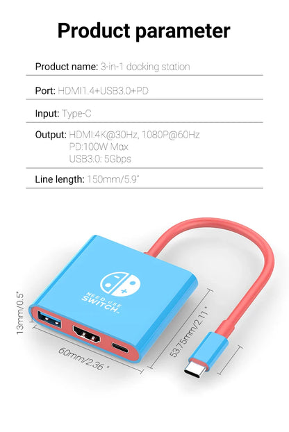 Portable Nintendo Switch Docking Station — Type-C Hub with HDMI & USB 3.0 for Travel Gaming